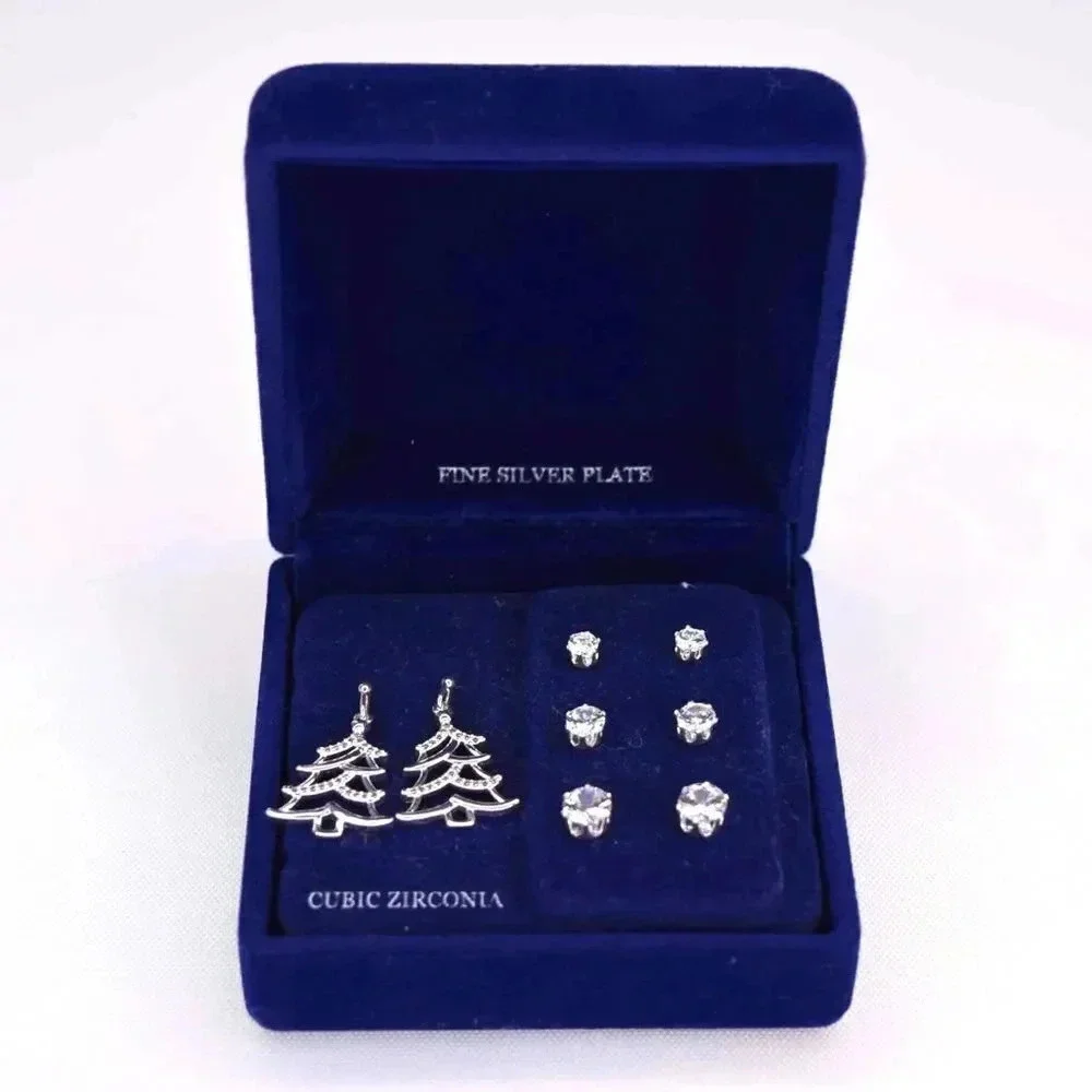 Fine Silver Plated Cubic Zirconia Christmas Tree Four Piece Earring Set